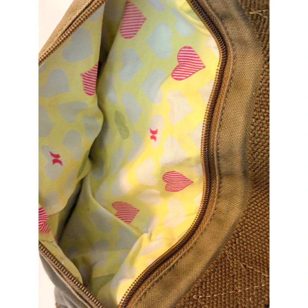 Hurley Canvas Tote Bag Olive Green Utility Multi Pocket Heart Print Lining